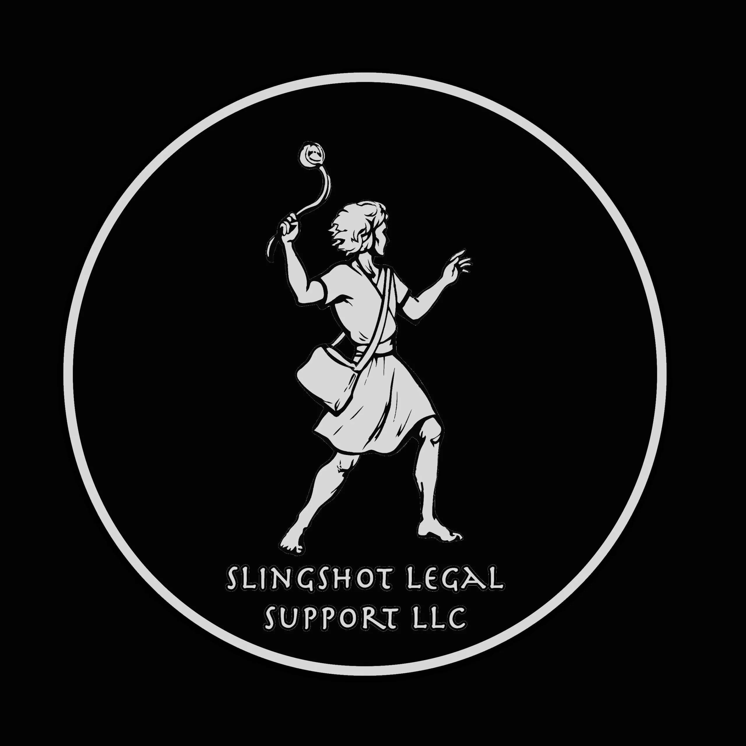 black page with a white logo featuring a female hurling a slingshot