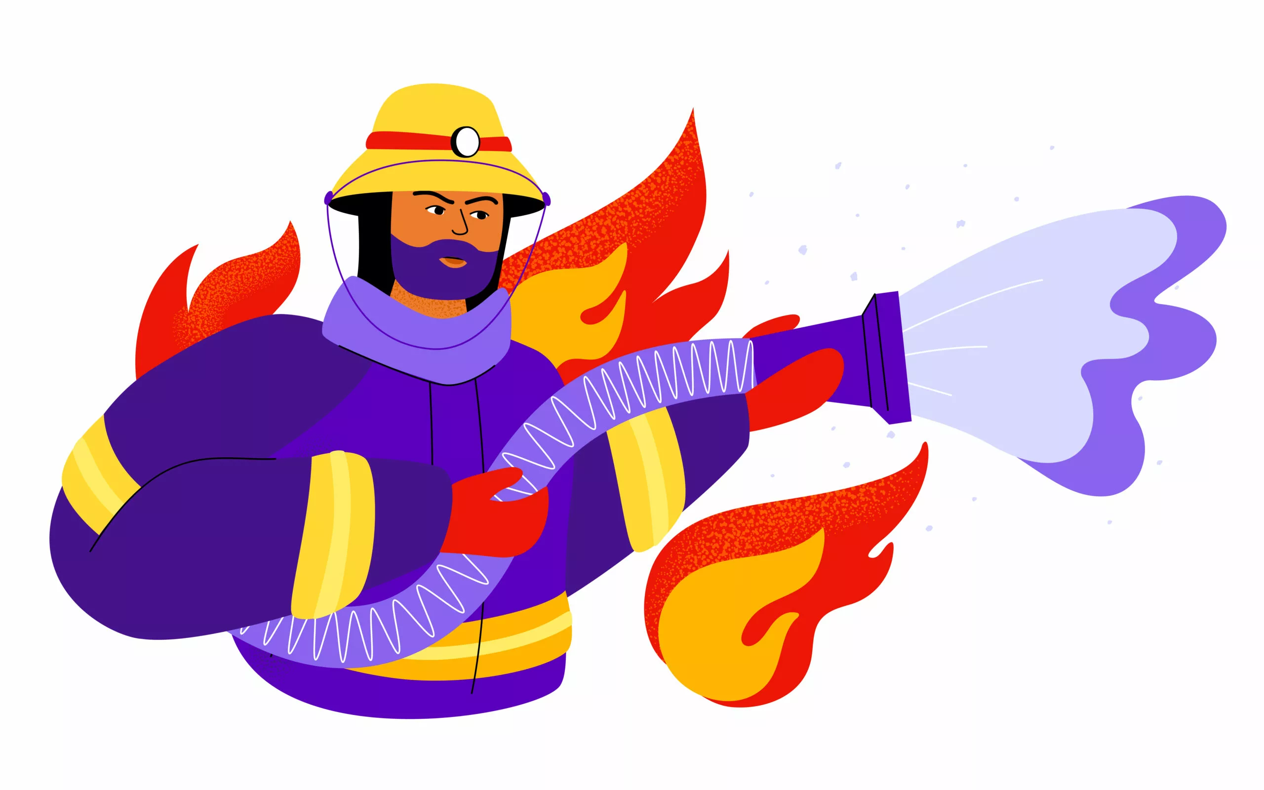 graphic of firefighter holding a hose with flames in the background