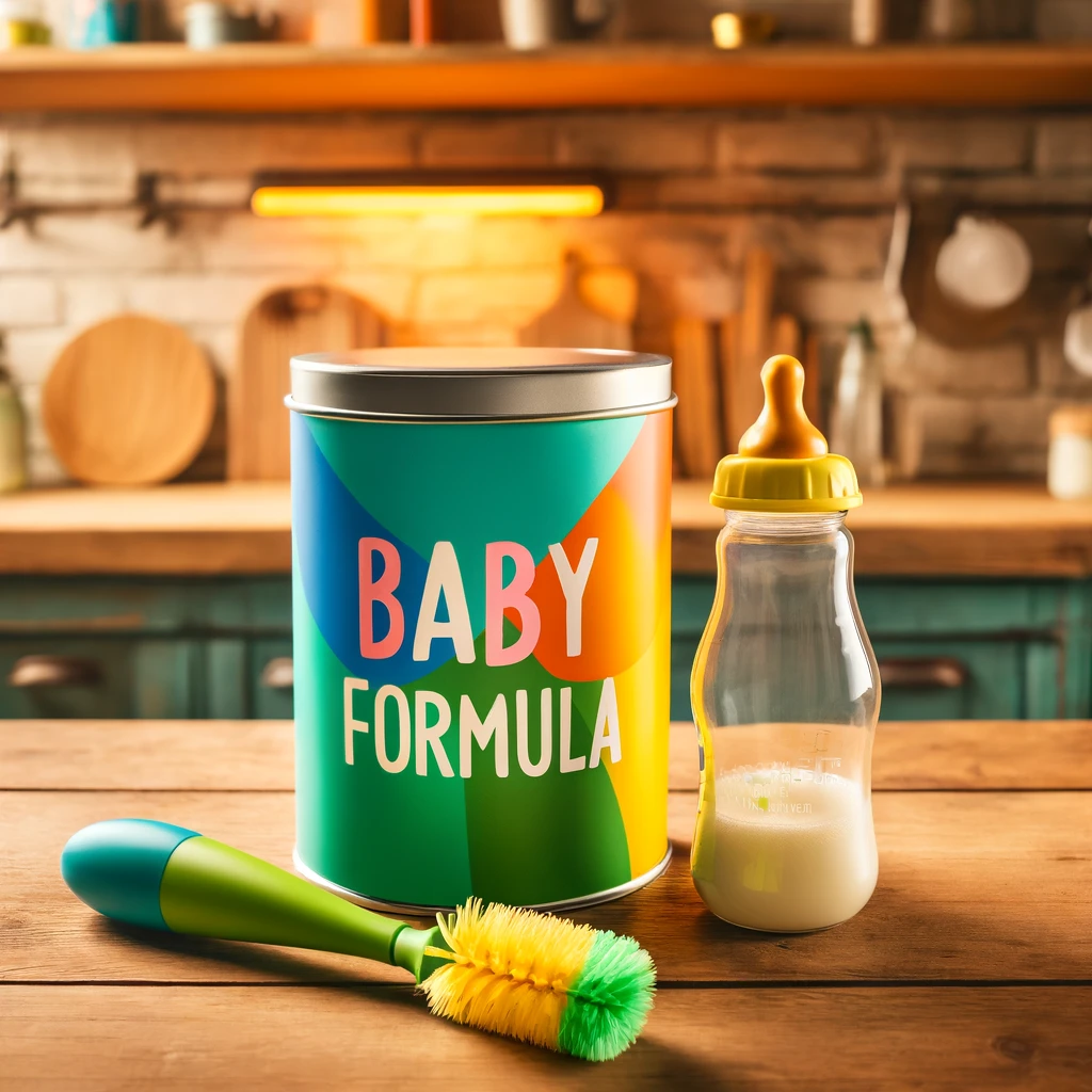 on a kitchen countertop, a colorful baby formula container with a half full baby bottle next to it sit