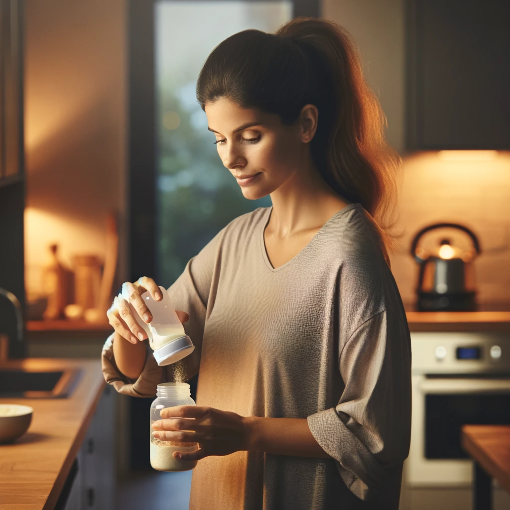 mother prepares baby formula bottle in a calm kitchen setting