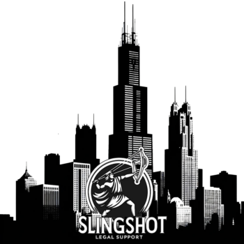 black silhouette skyline with slingshot logo embedded within