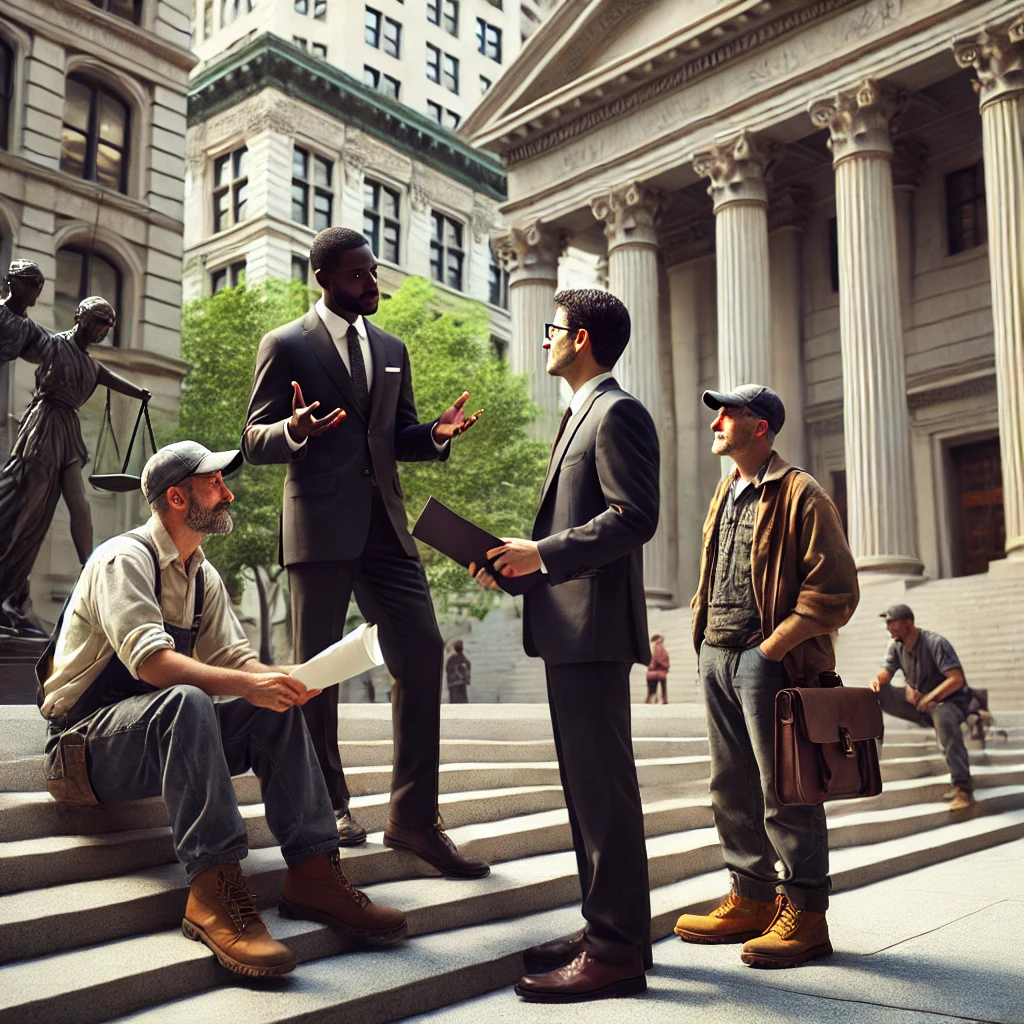 attorneys on the courthouse steps with clients