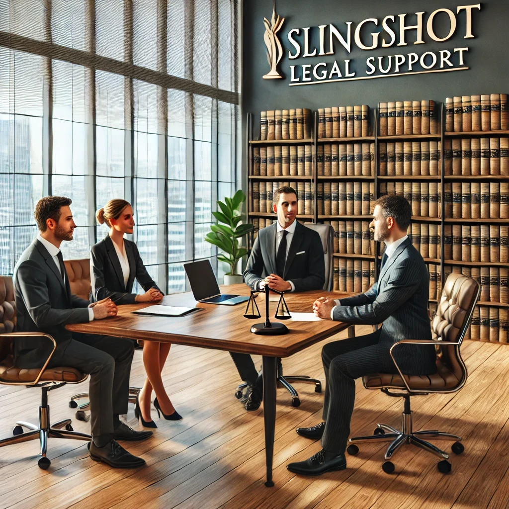 attorneys meeting with clients in a Slingshot Legal Support law library