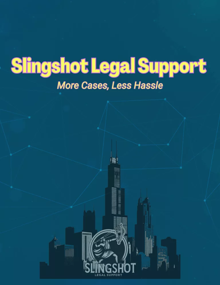 Slingshot Legal Support presentation cover page in dark blue and yellow