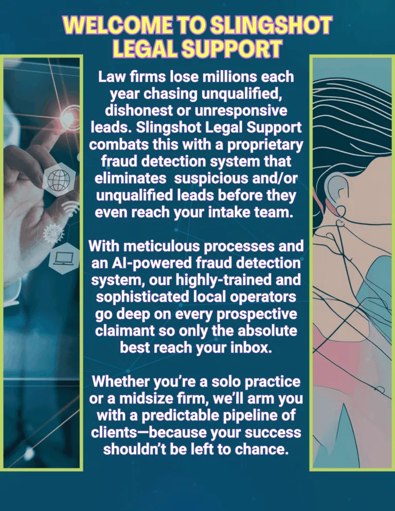 the intro page to Slingshot Legal Support pitch deck, with images along both sides and white text in the middle