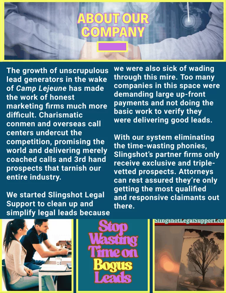a brief history of Slingshot Legal Support, titled "About Our Company." Featuring several paragraphs of white text with images along the top and bottom