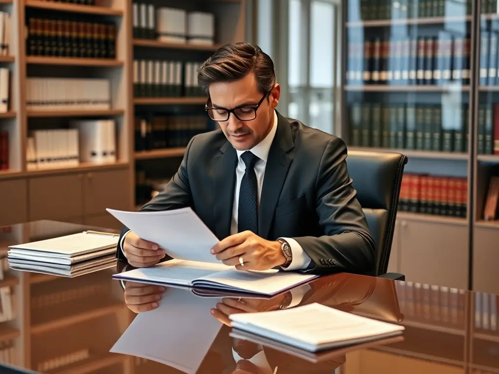 A professional lawyer in a well-lit office, reviewing documents related to a case, with a determined expression, symbolizing expertise and dedication.