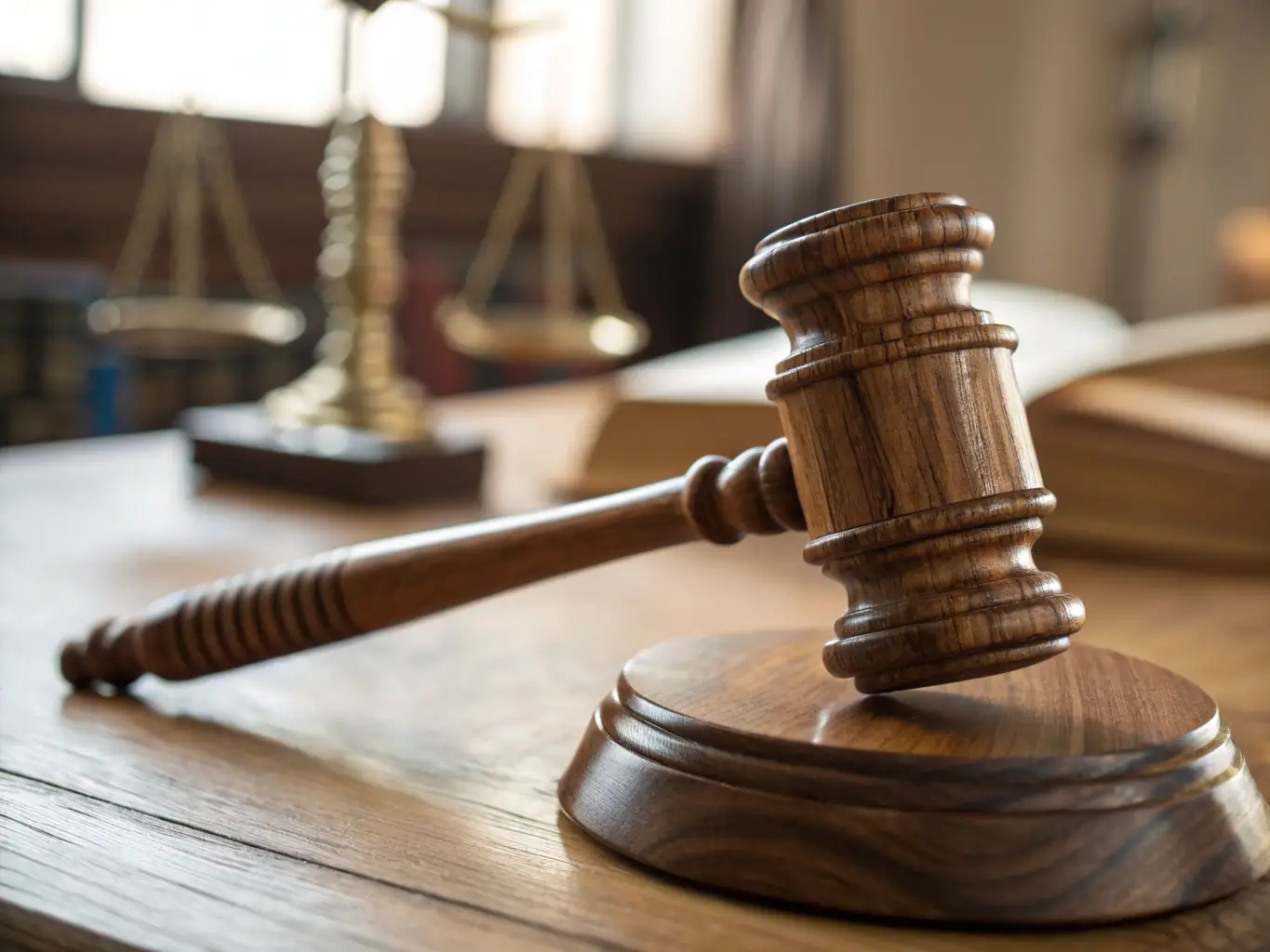 A gavel striking a sound block in a courtroom, symbolizing justice and legal action, with a focus on the gavel's impact.